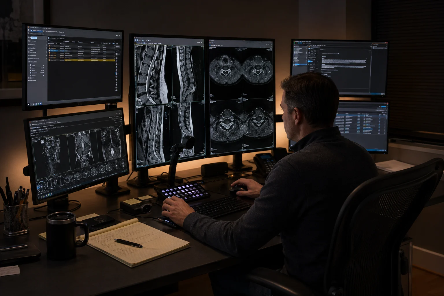 Radiologist reading imaging studies in a modern reading room
